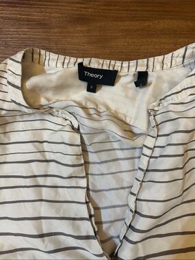 Theory Cream and Gray Striped Collarless Silk Blouse